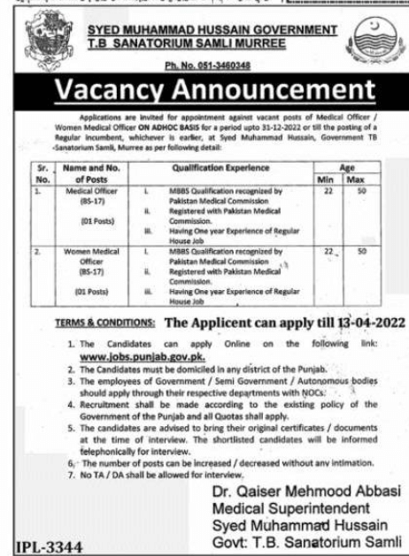 Medical Officer Required at Syed Muhammad Hussain Govt. T.B Sanatorium Samli Murree
